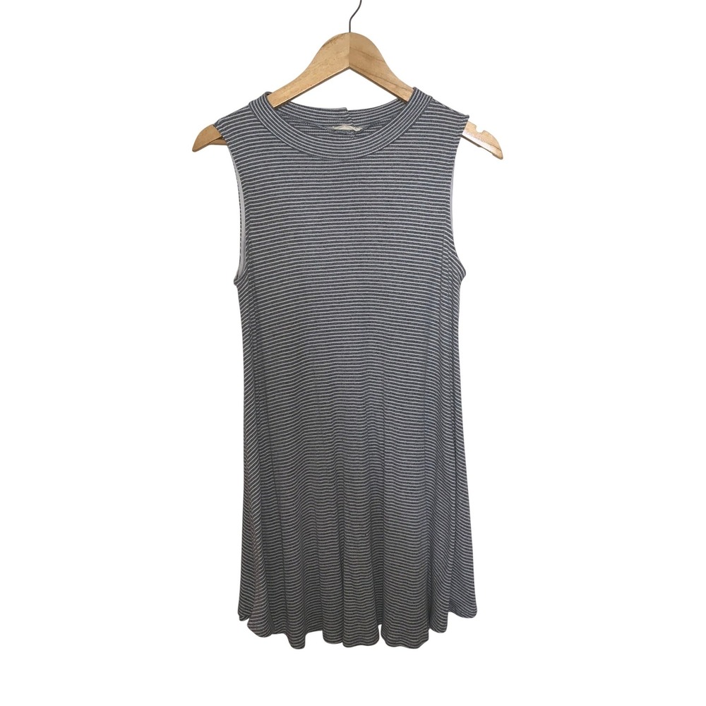 Jella C Womens Gray White Striped Sleeveless Mock Neck Button Back Mini Dress